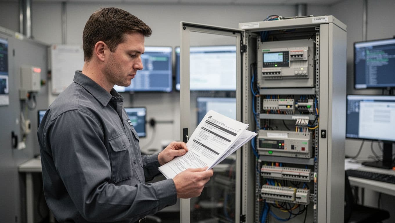 An engineer reviews an incident response plan in a control room with PLC equipment behind them.