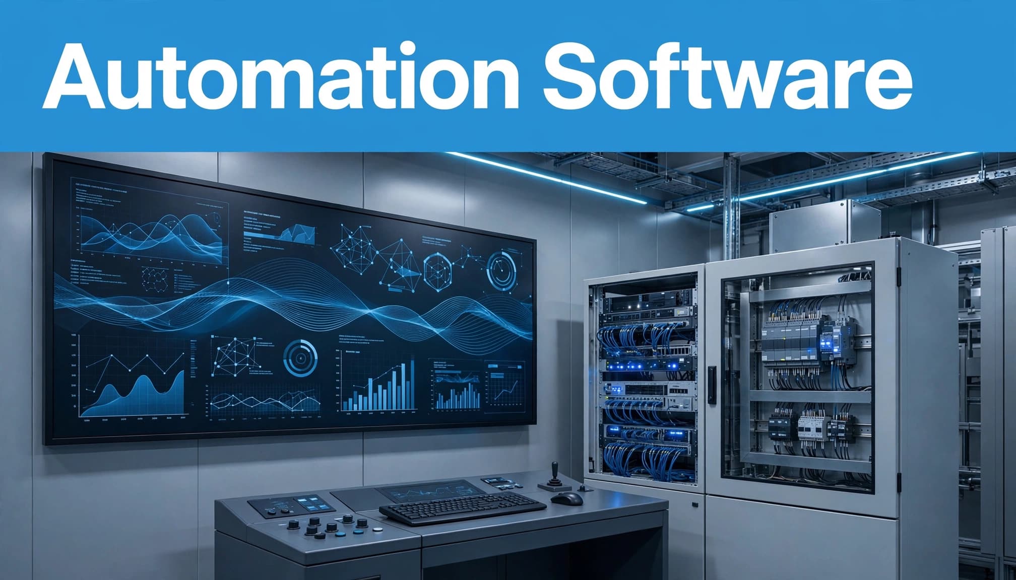 Control workstation with process graphs, PLC cabinet, and network equipment in a clean plant.