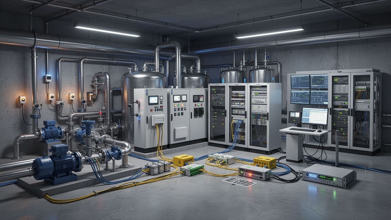 Cutaway water treatment plant with sensors, control cabinets, operator displays, and server racks.