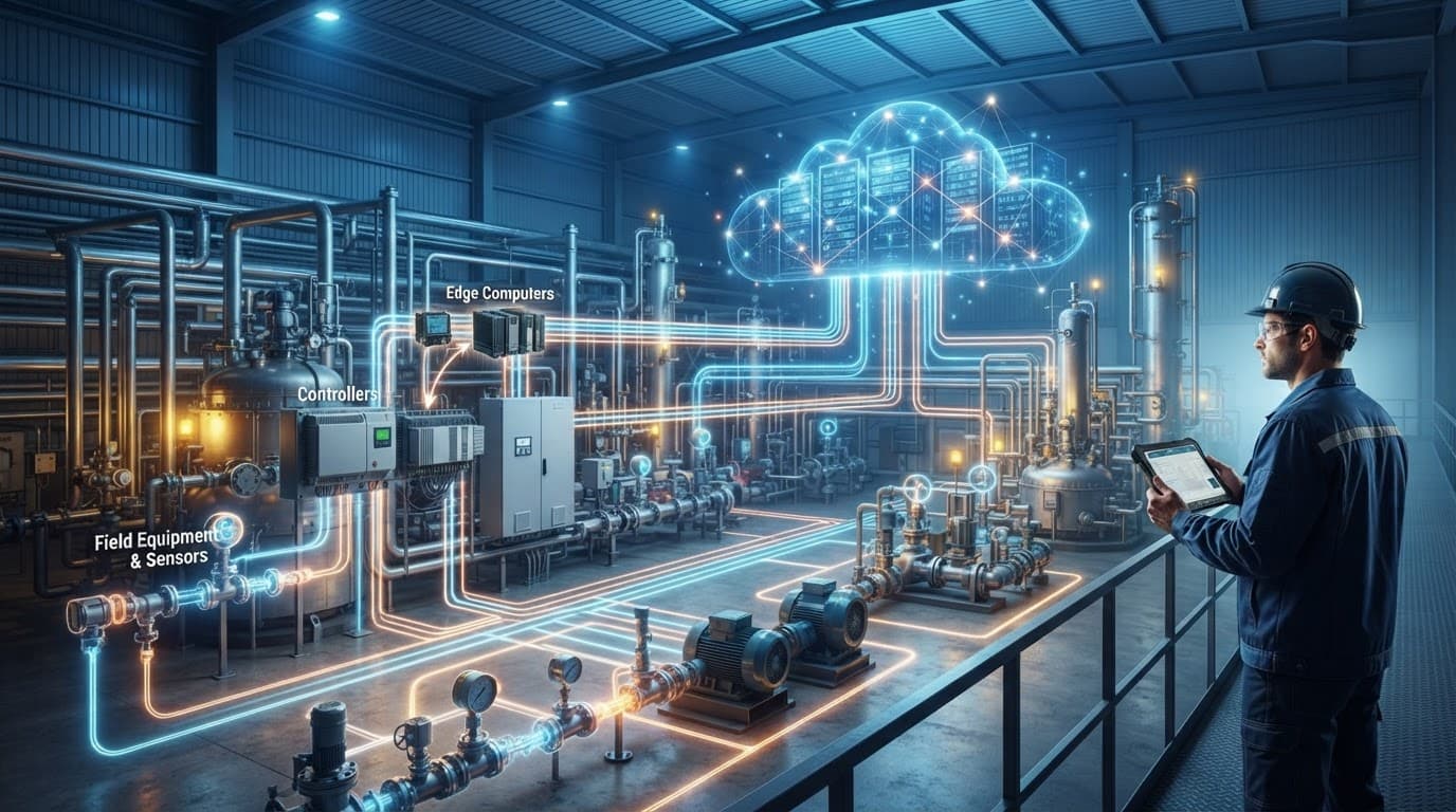 An engineer observes a process plant linked by glowing connections between sensors, controllers, computers, and equipment.