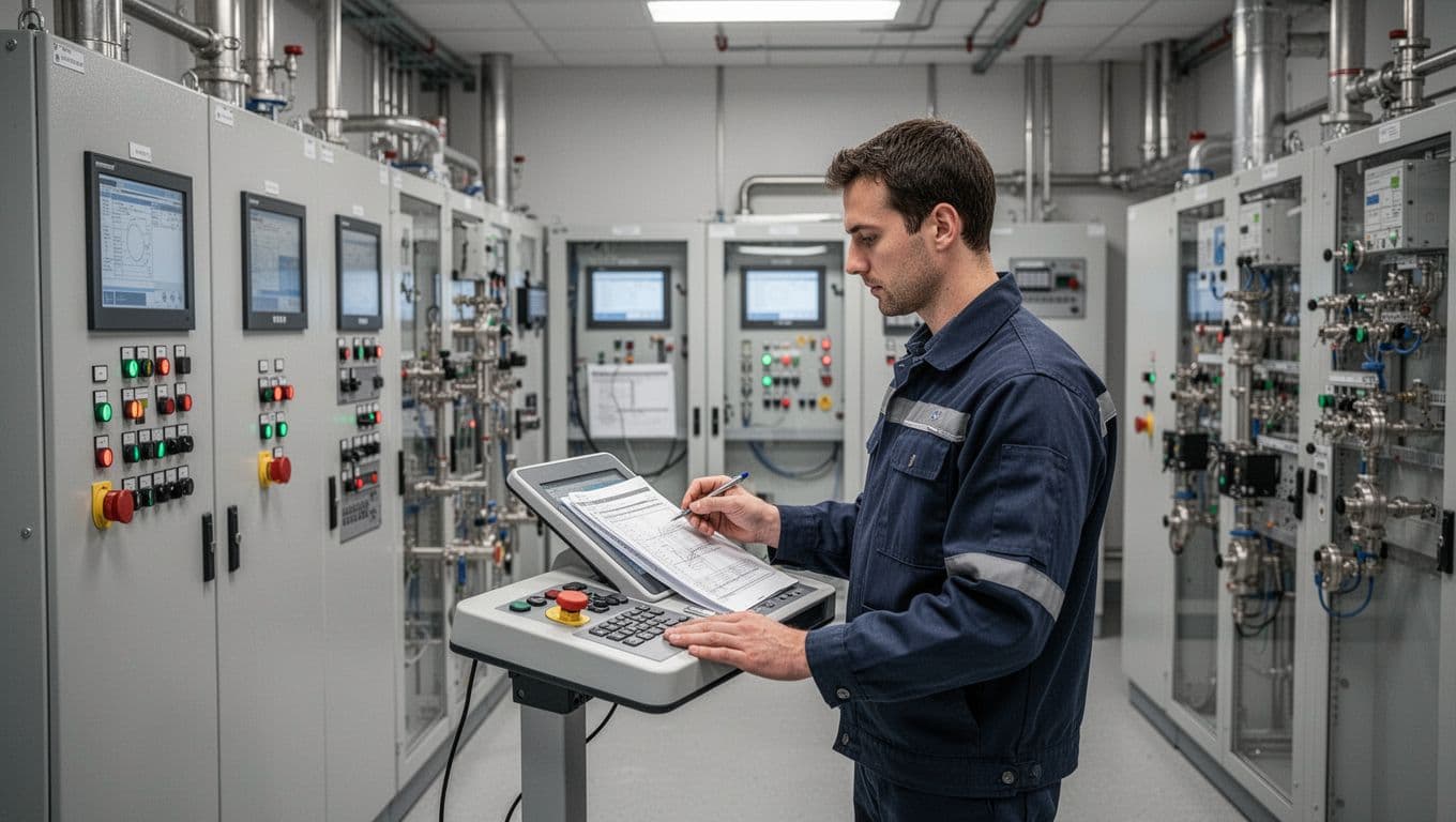 Engineer reviewing documents beside a workstation in an industrial control room.