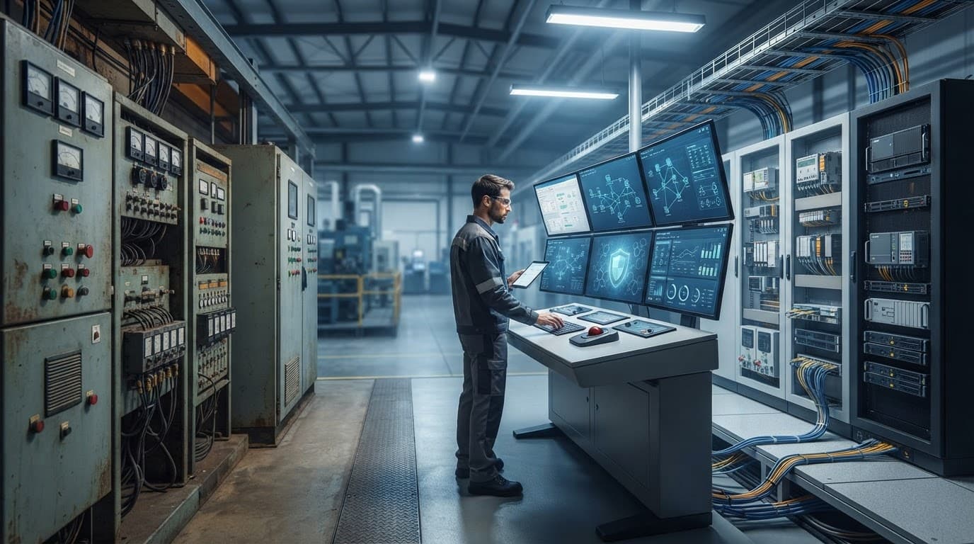 An operator monitors a transition from legacy cabinets to secure modular automation equipment.