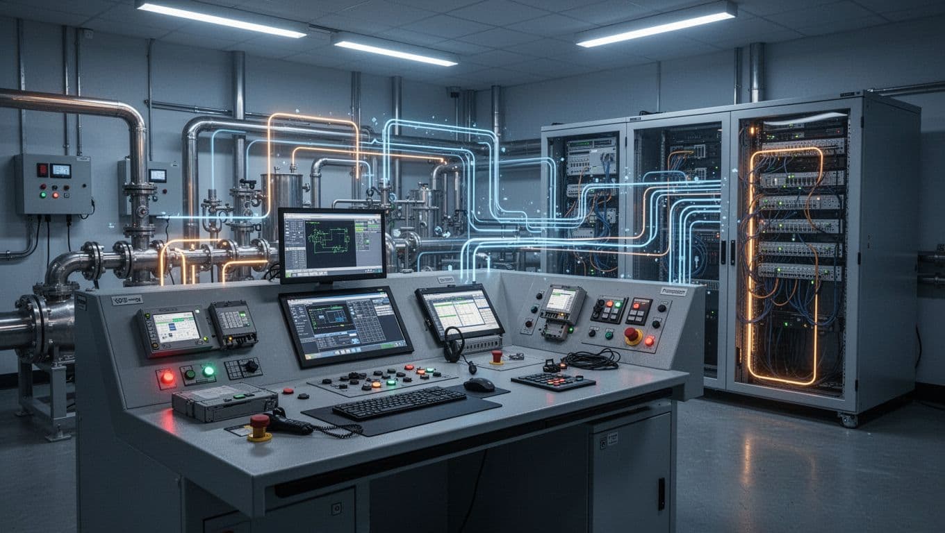 Empty control station linking industrial equipment with a secure server area.