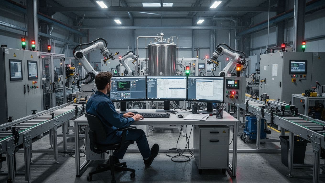 One operator monitors an automated factory floor from a control room workstation.