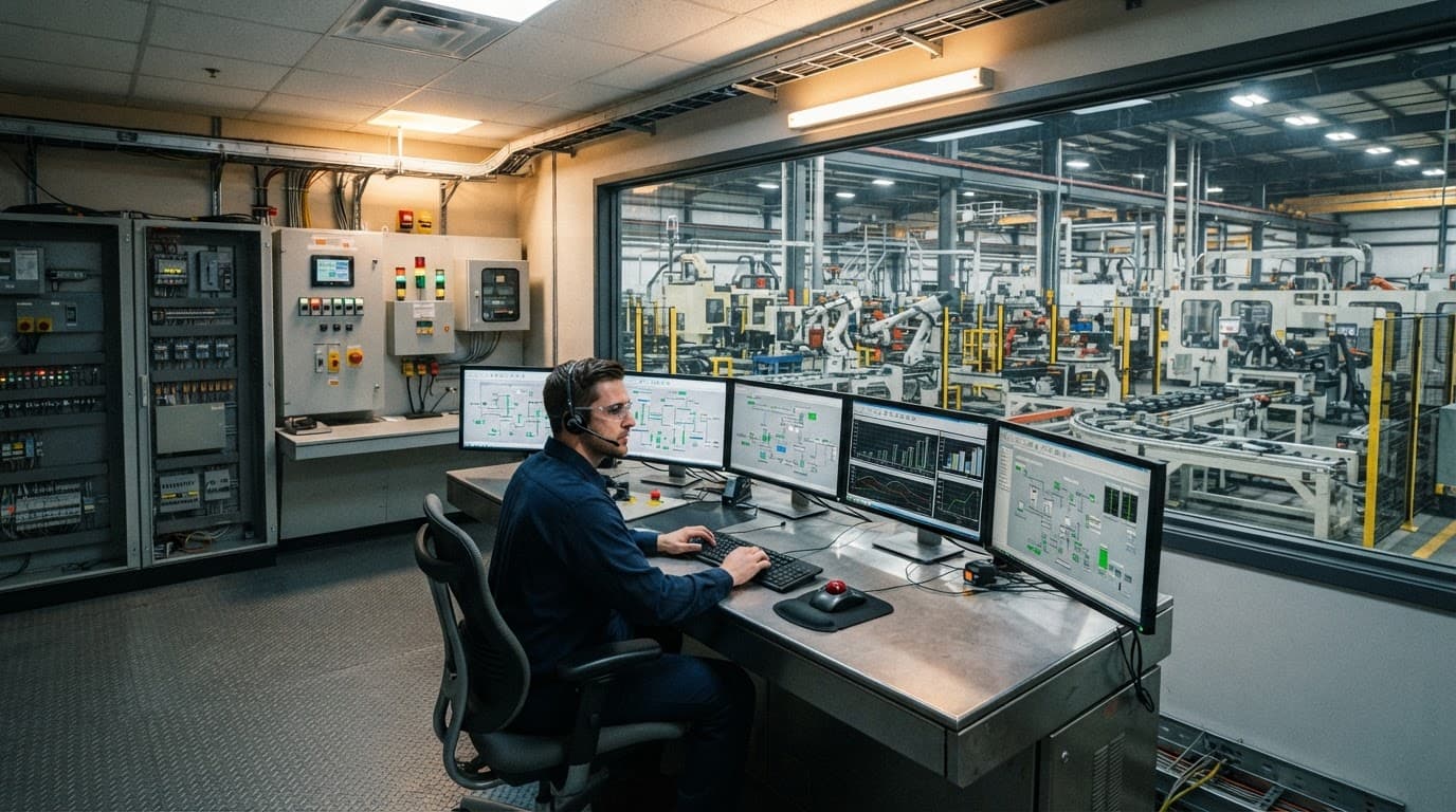 An operator monitors factory equipment from a control room beside PLC cabinets.