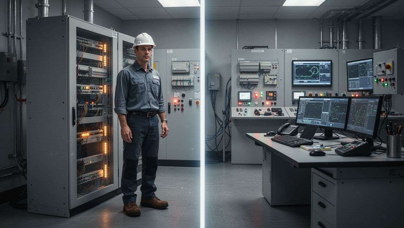 Engineer beside a secure network cabinet in a plant control room.