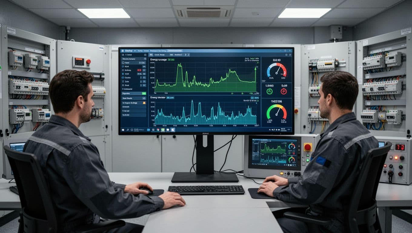 A modern industrial control room features one technician monitoring energy usage on a large dashboard screen displaying graphs of power consumption, meters, and alerts, with panels of circuit breakers and sensors in the background.