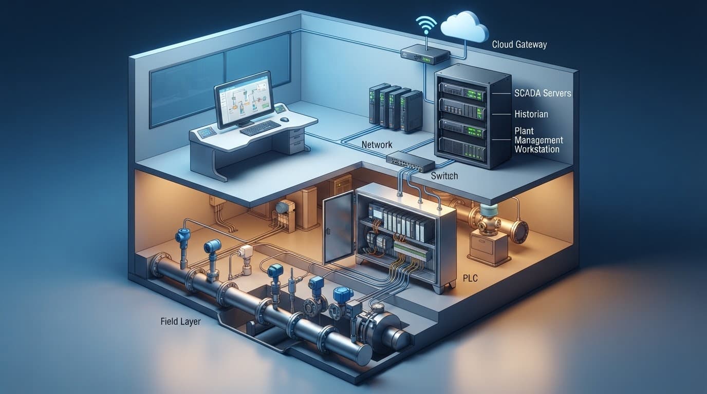 Industrial sensors connect through control cabinets to servers and a cloud gateway.