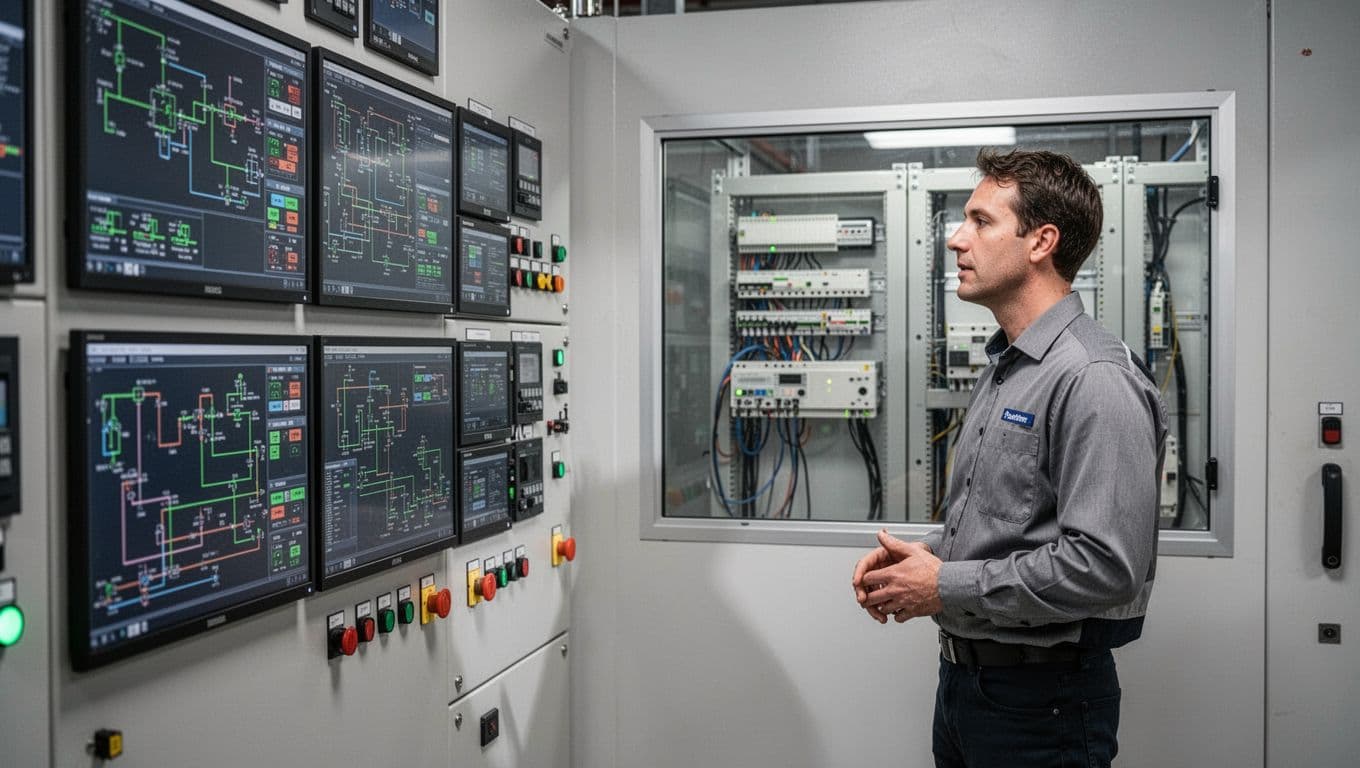 Engineer reviewing process screens in a plant control room beside industrial equipment.