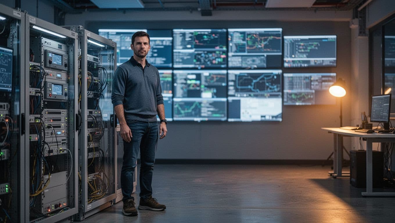 A cybersecurity professional stands beside OT equipment and blurred monitoring screens.