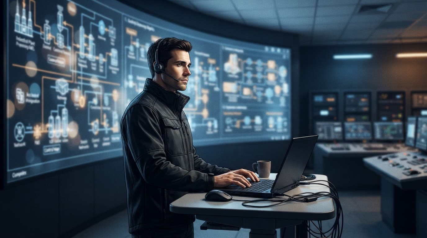 Engineer studying industrial network graphics beside a laptop in a blue and amber control room.