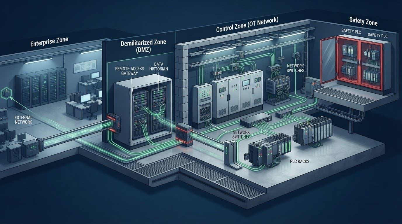 Cutaway industrial plant network with PLC racks, firewalls, switches, and separate security zones.