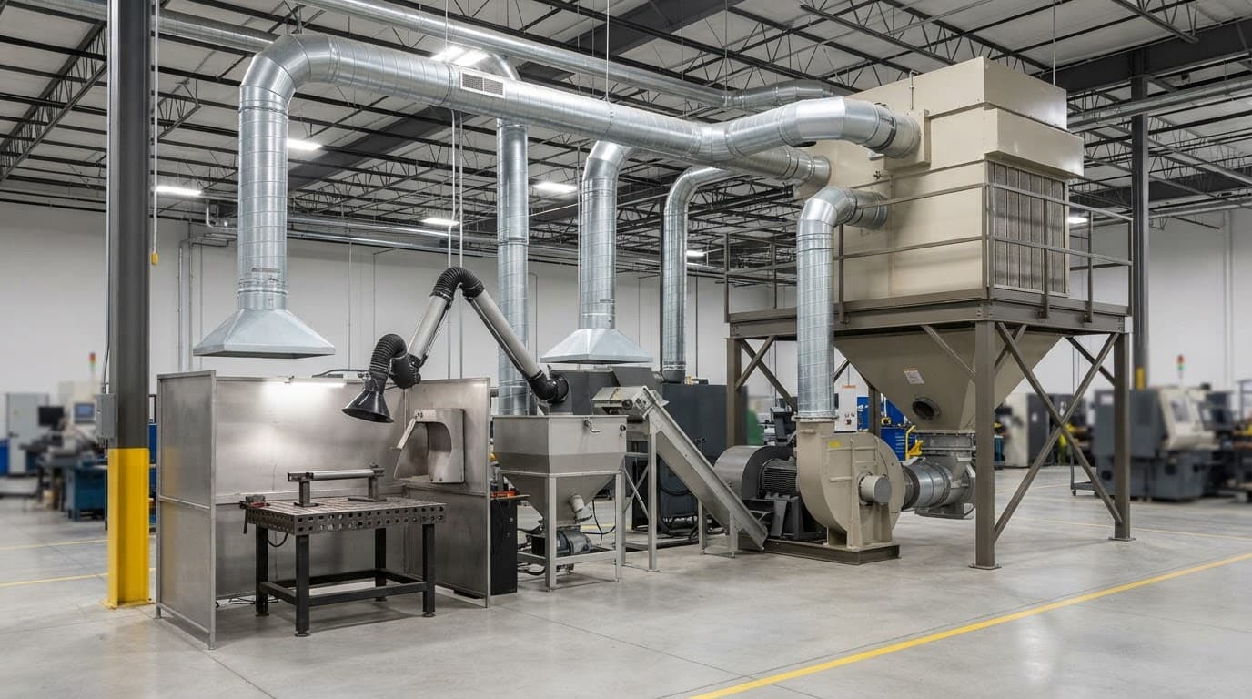 A cartridge dust collector connects to ductwork and capture hoods in a clean factory.