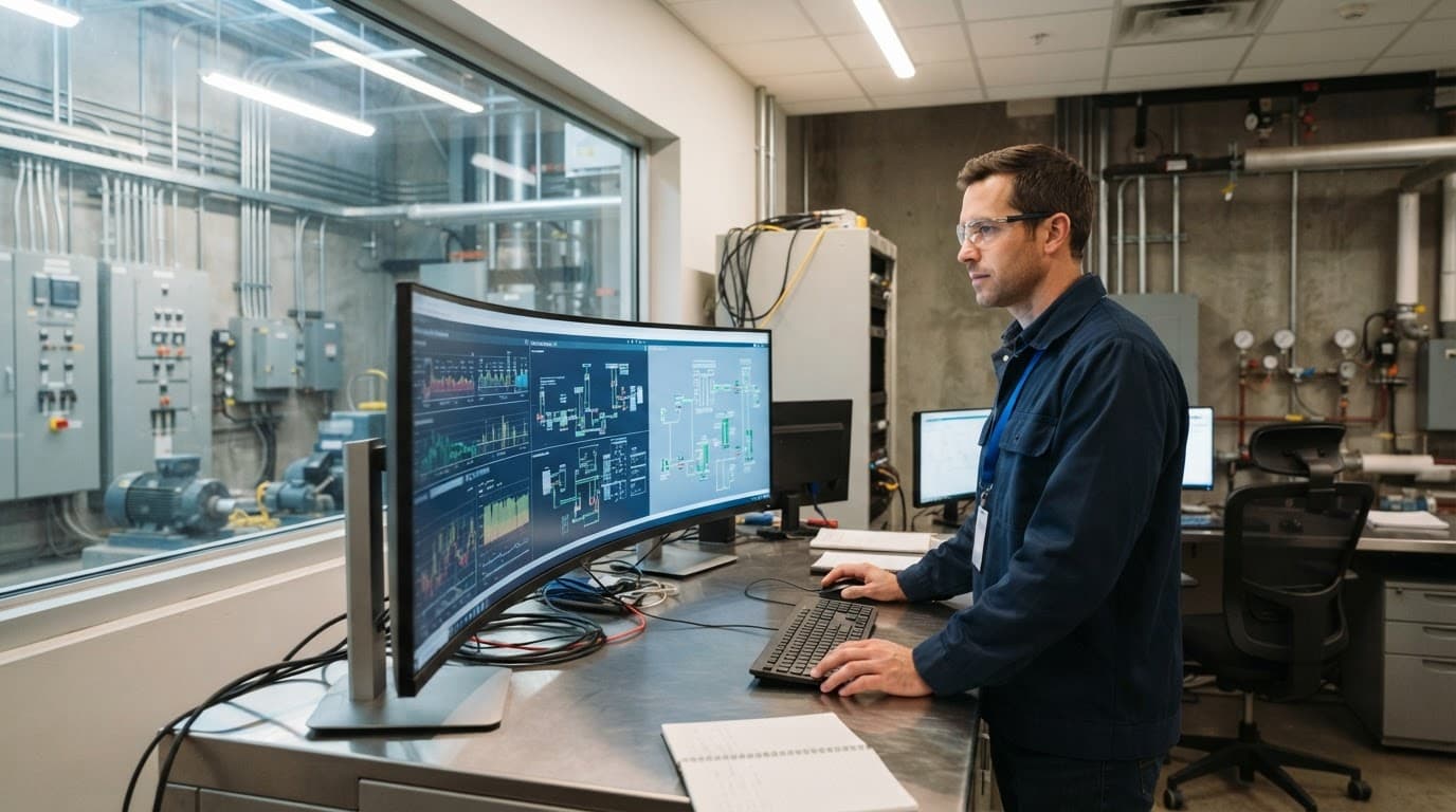 Engineer reviewing energy charts beside factory equipment and electrical panels.
