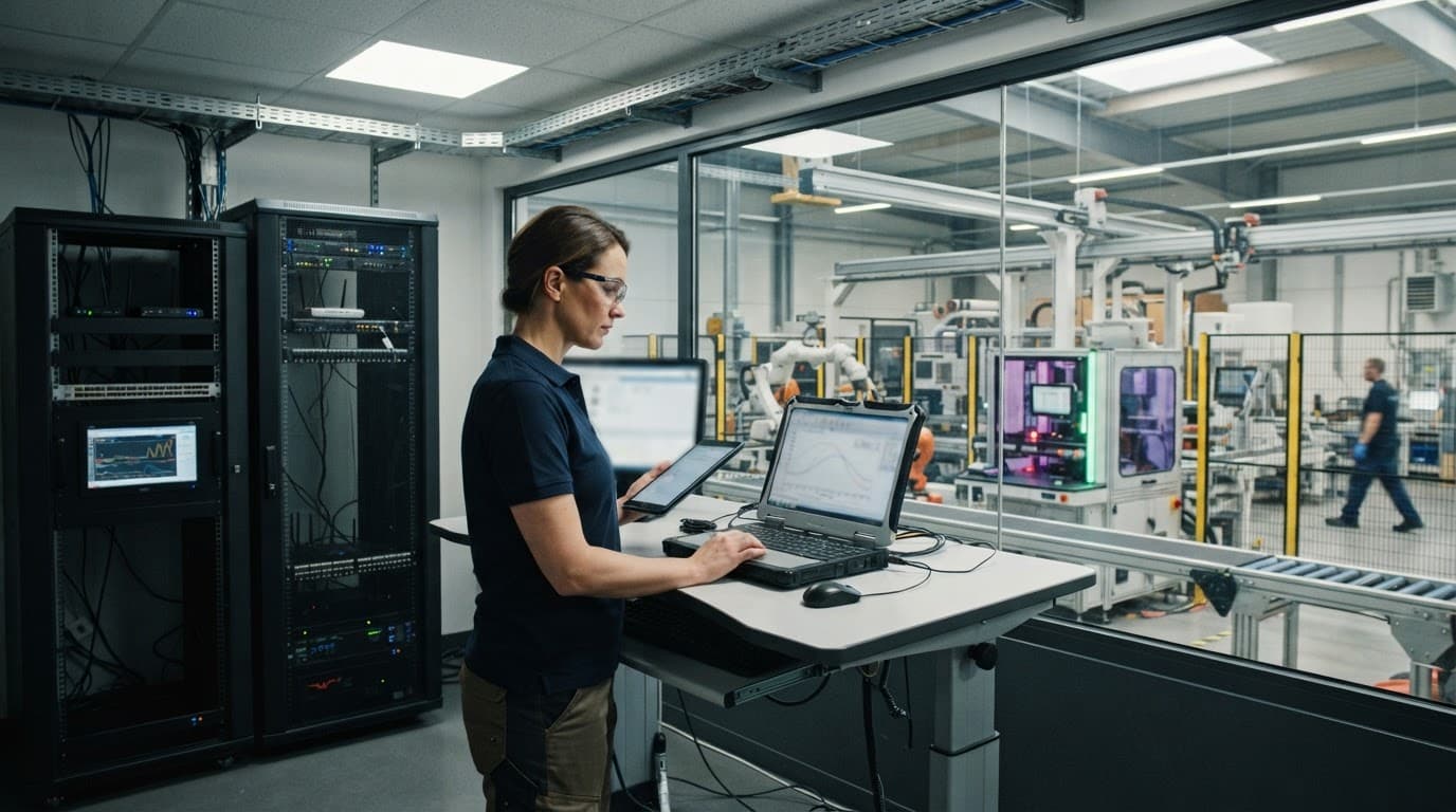 An engineer monitors factory robots and equipment from a control area with a laptop.