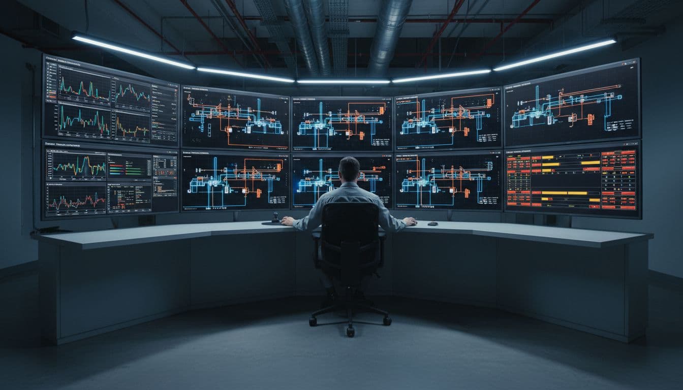 One engineer monitors EPAS software on multiple screens displaying power diagrams, real-time charts, and alarms in an industrial control room.