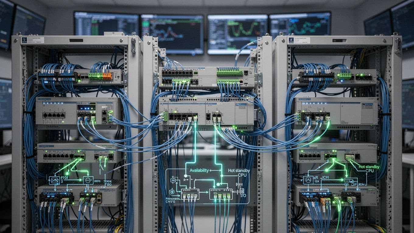 Industrial Ethernet network backbone in a control room with central PLC rack connected via fiber cables to remote I/O rack and switches, diagrams showing redundancy paths and high-availability hot standby CPUs. Realistic photo style featuring blue and green status lights, neatly organized cables, metal enclosures, and blurred monitoring screens.