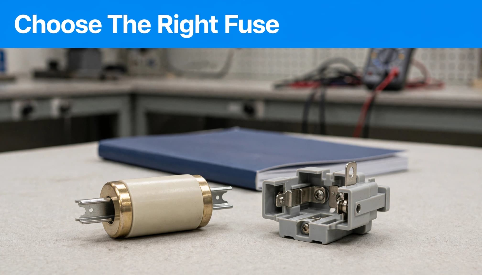 A fuse link and holder sit on a workshop surface beside a closed manual.