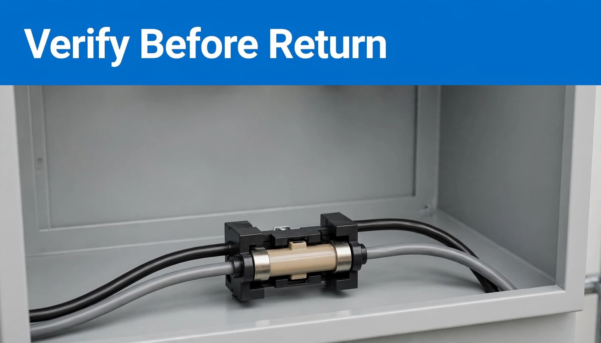 A ceramic fuse assembly in an open panel beneath a blue verification headline.