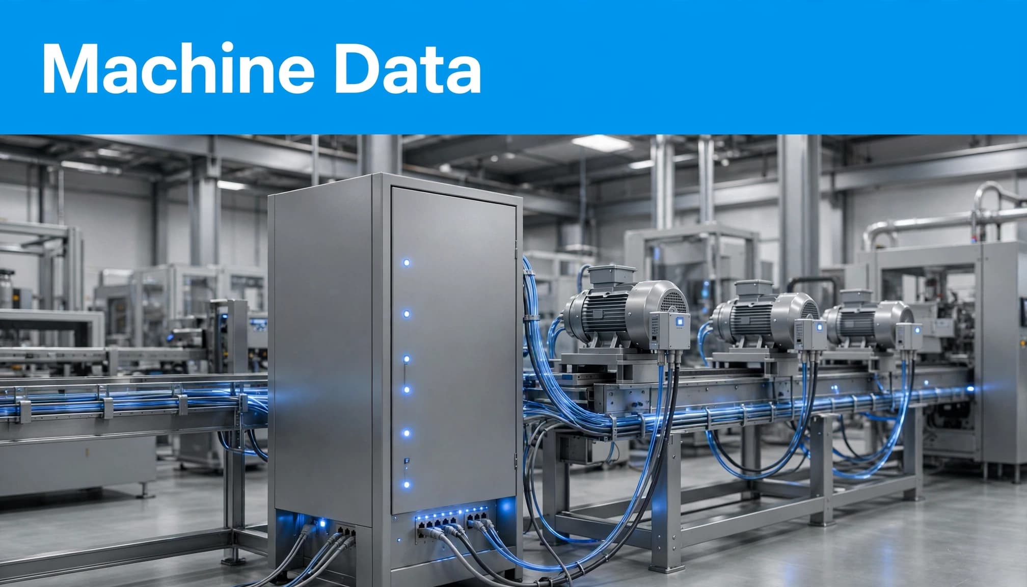 A gateway cabinet stands before factory motors and sensors beneath a blue Machine Data header.