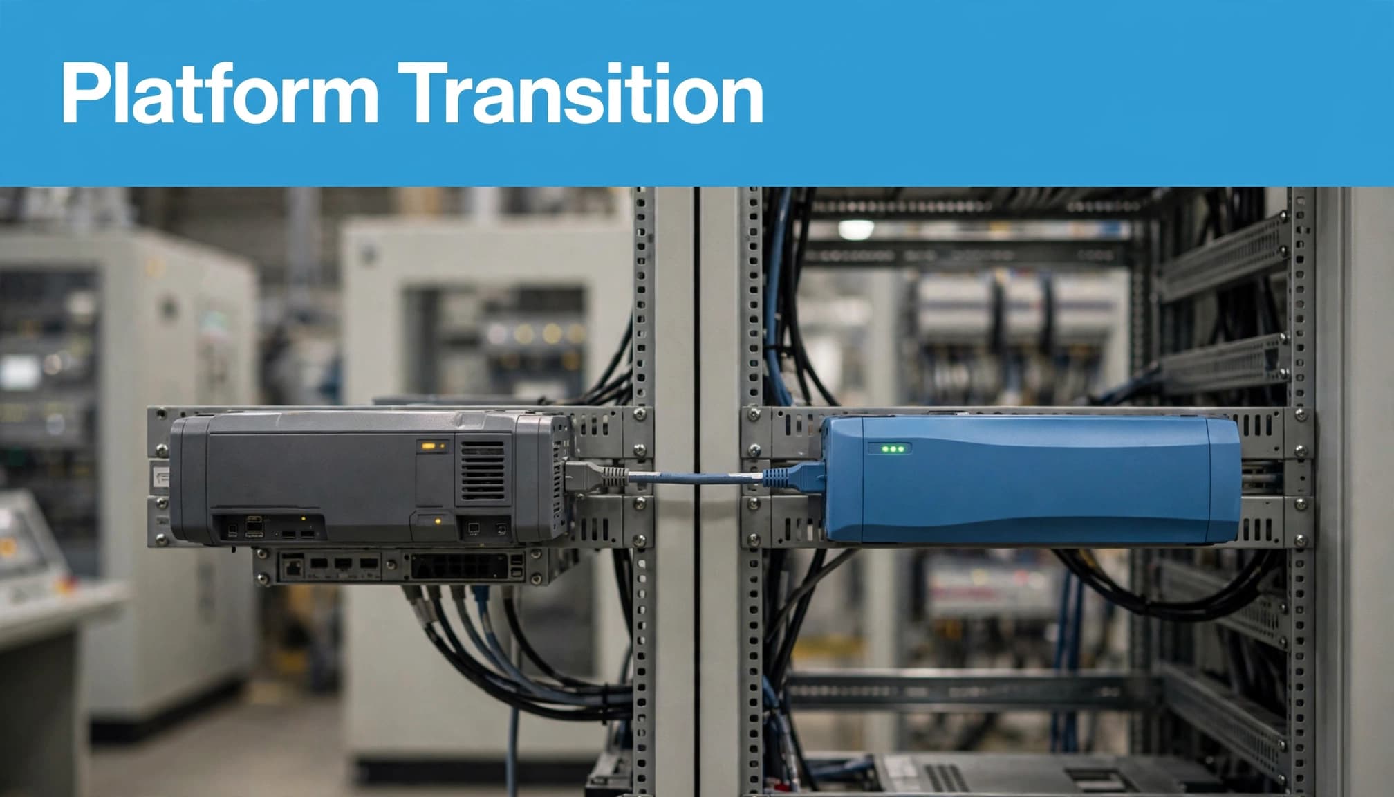 A gray gateway connects securely to a blue gateway in a factory control room.