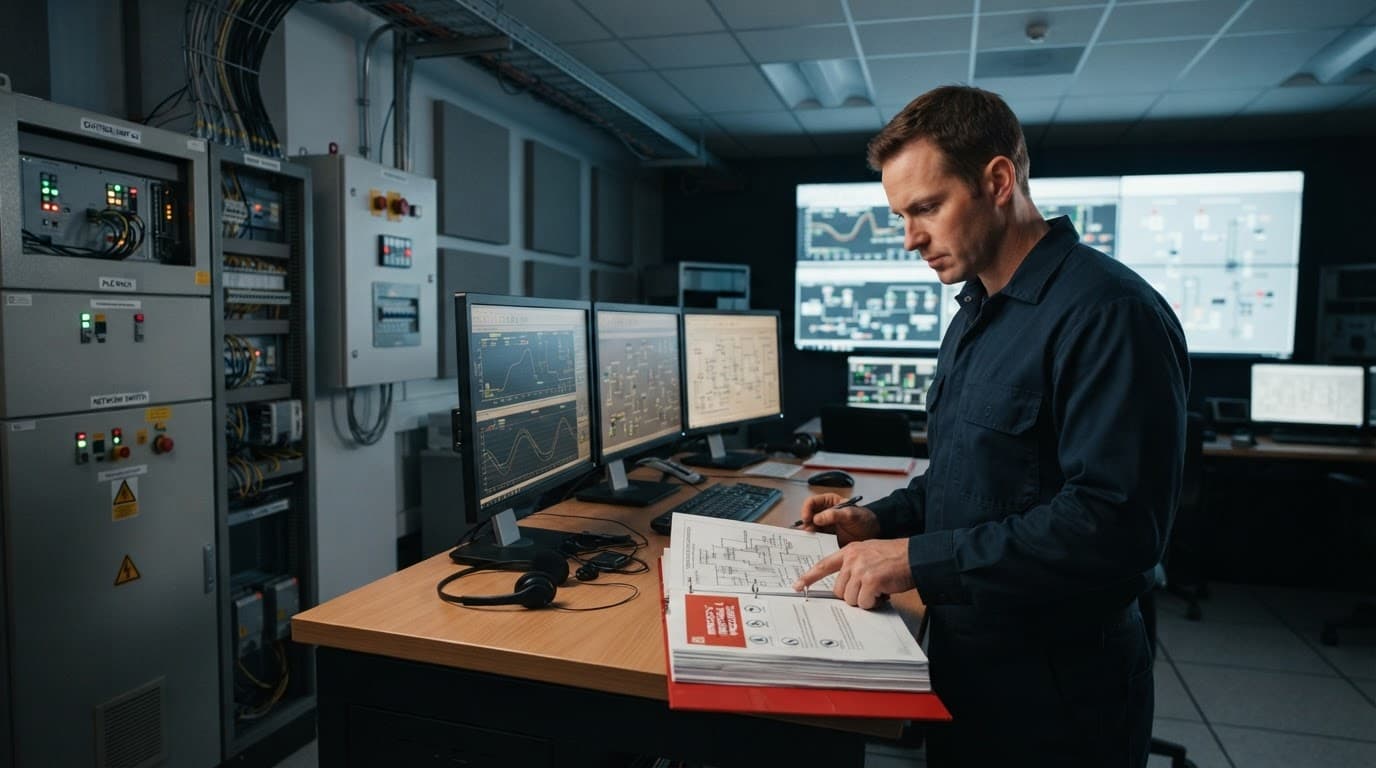 One worker reviews an open emergency binder beside PLC cabinets in a control room.