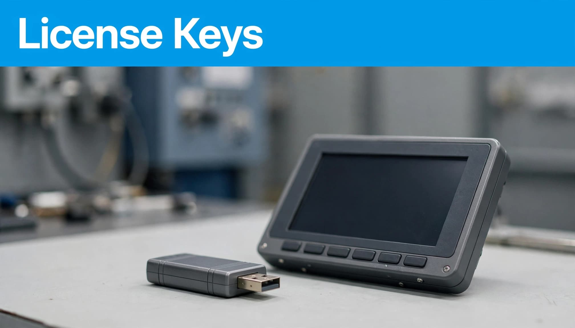 A USB license device beside a compact HMI panel in a workshop.