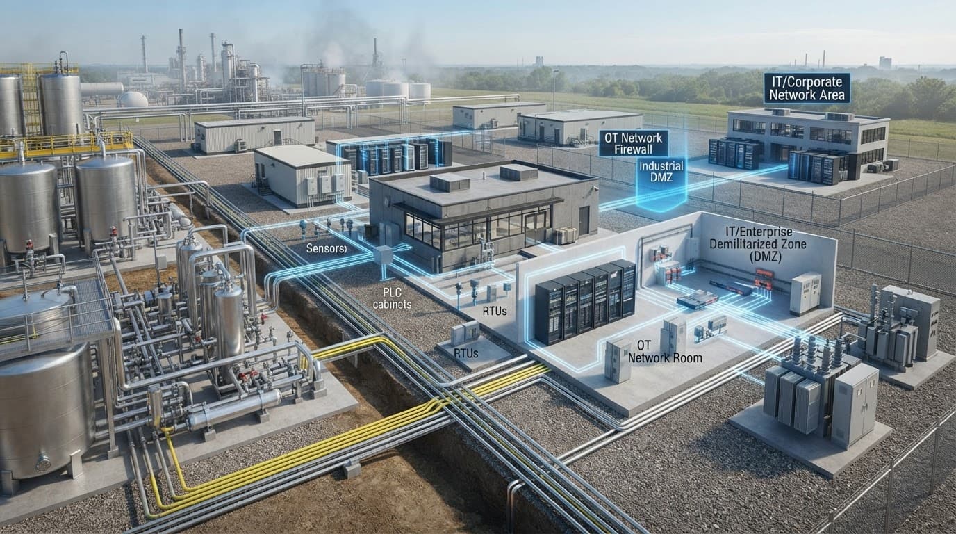 Industrial tanks, cabinets, and a control building linked by blue data lines.