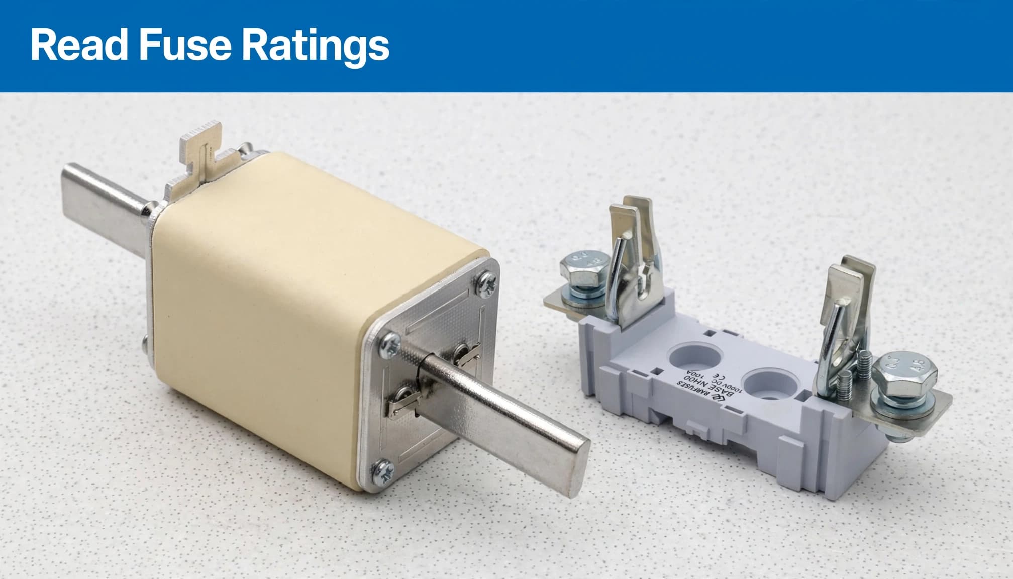 An NH fuse link and compatible base sit beneath a blue rating headline.
