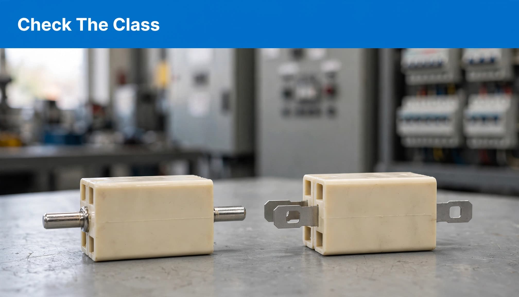 Two similar ceramic fuse links with different contact styles rest on a workshop bench.