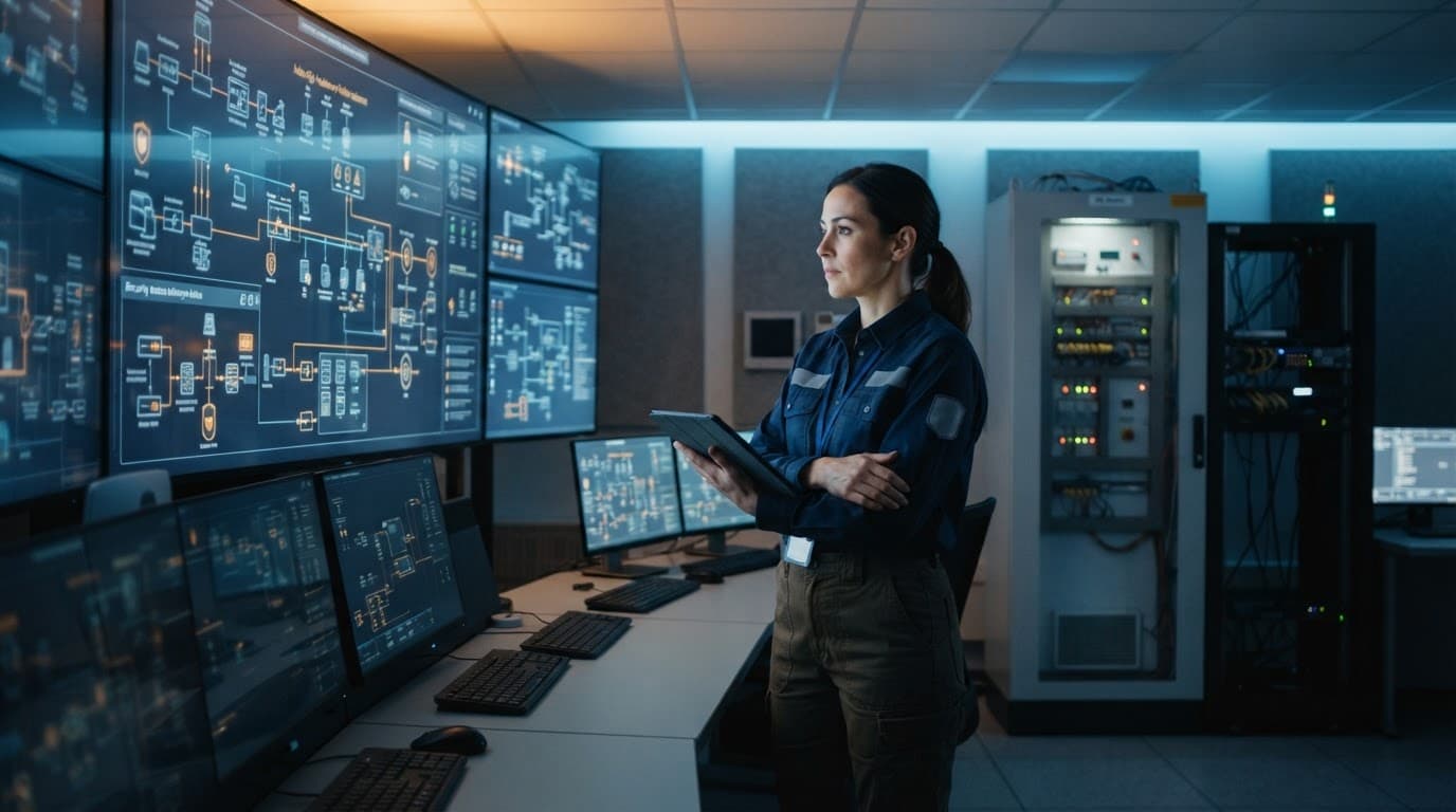Engineer beside monitoring screens and a PLC cabinet in a blue-lit control room.