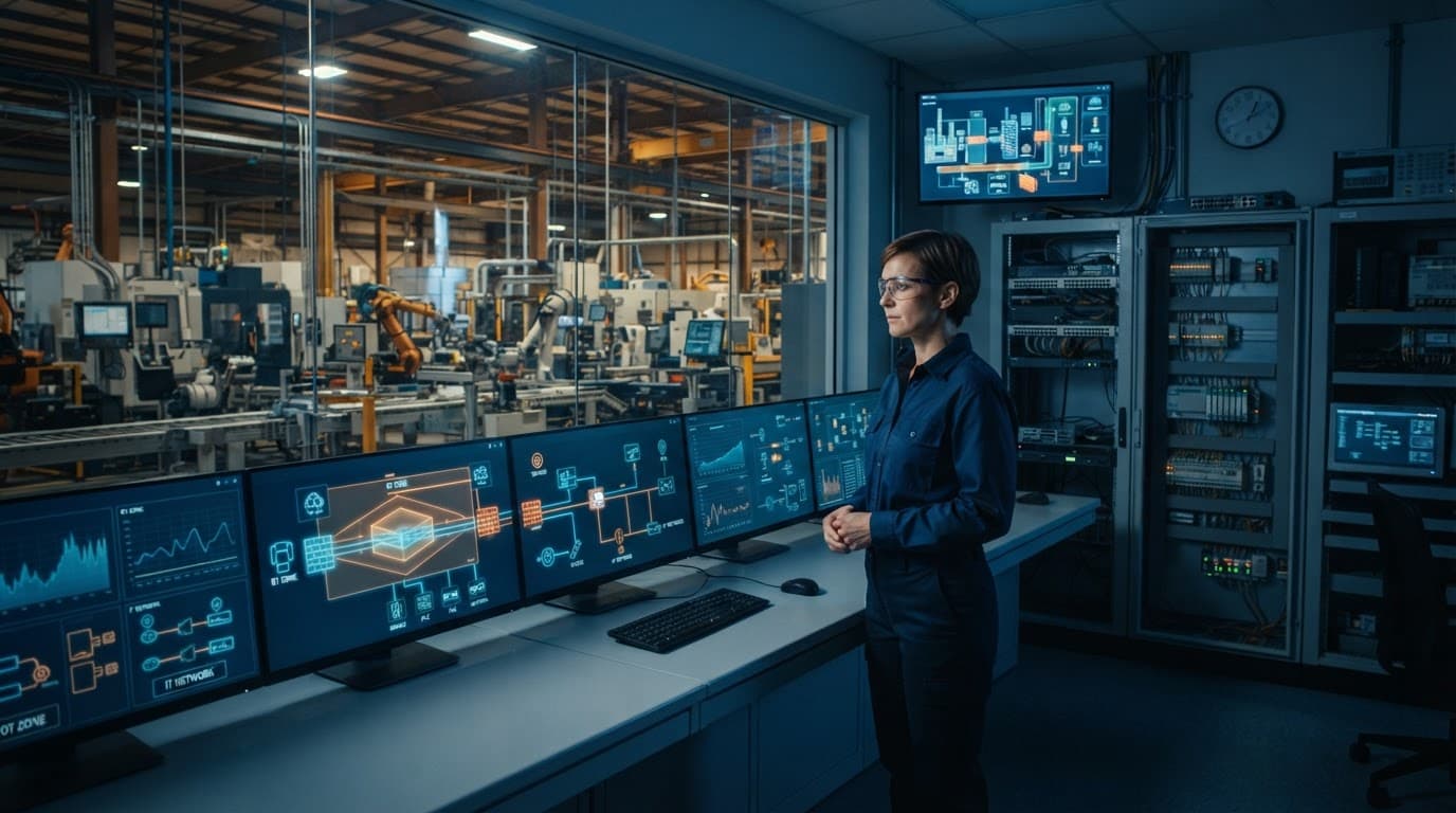An engineer monitors plant equipment beside PLC cabinets and network switches.