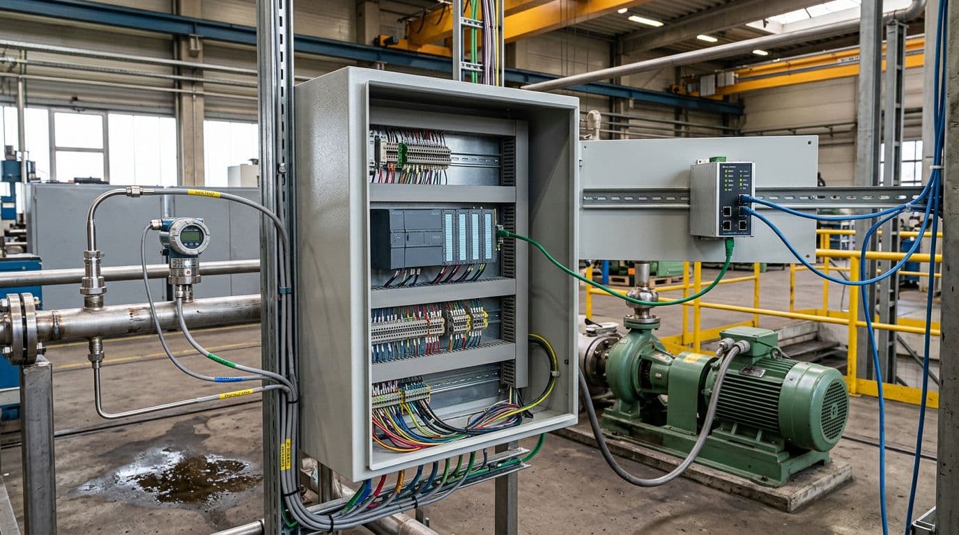 Realistic wide-angle photograph of an industrial PLC control cabinet in a factory setting, connected to temperature and pressure sensors, motor actuators, and a small OPC UA server device via network cables, under natural lighting with no people or text.