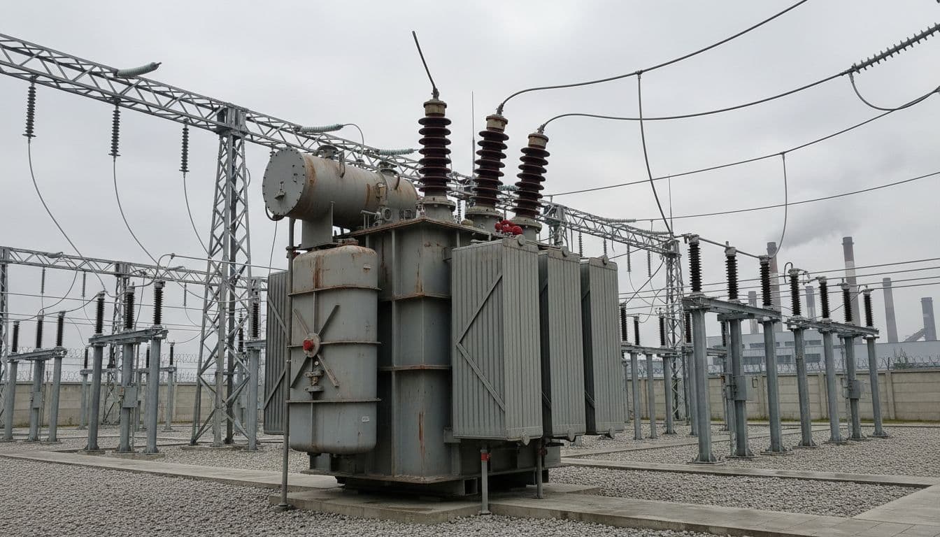 A heavy metal power transformer sits within a fenced electrical substation under a gray, overcast sky. Detailed cooling fins, complex high-voltage bushings, and thick wiring cables span the industrial steel frame.
