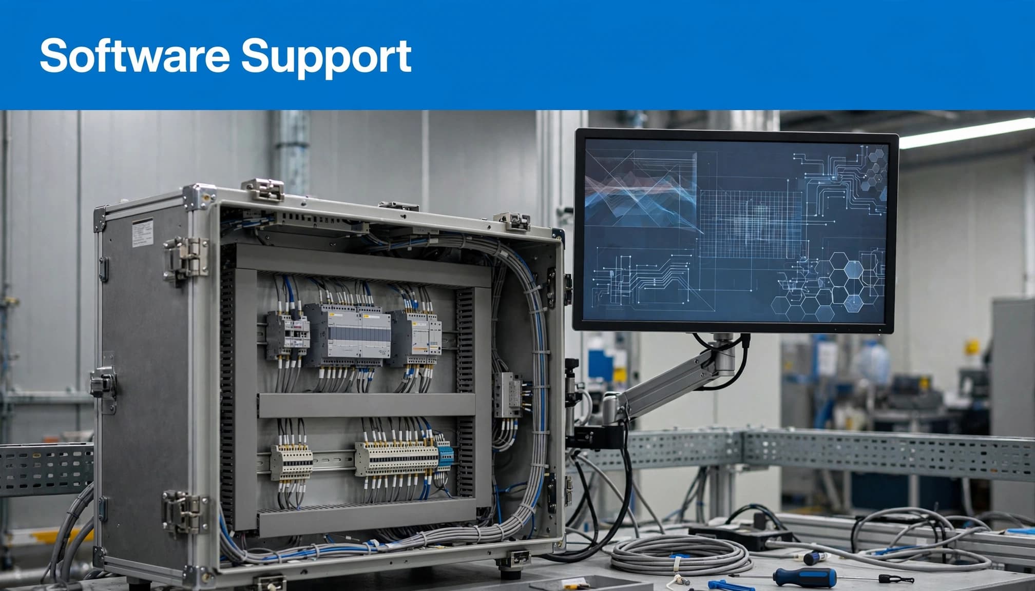 An industrial engineering workstation with a Software Support headline.