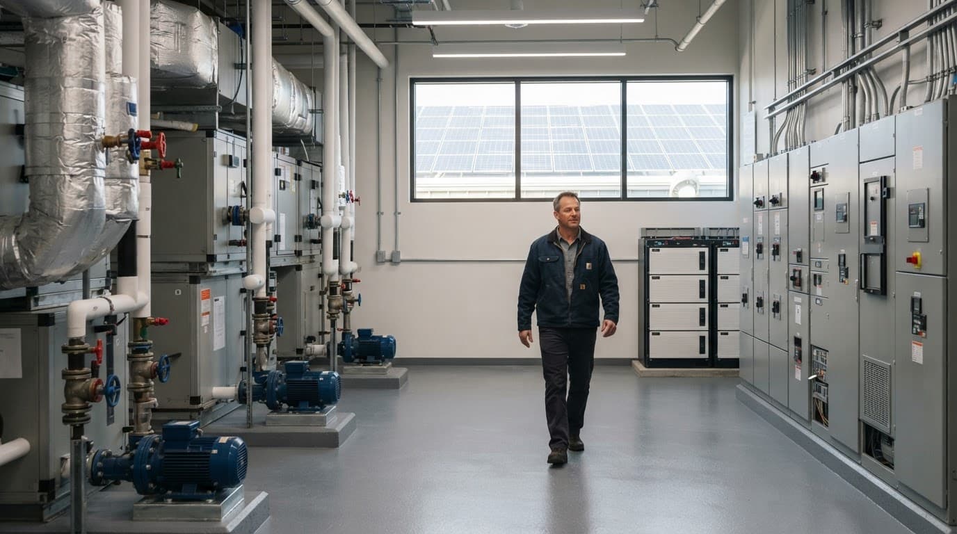 A facilities manager walks beside HVAC equipment and electrical panels in a bright mechanical room.