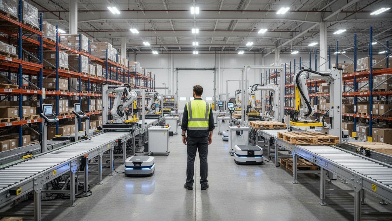 An engineer observes robots, conveyors, storage racks, and palletizing equipment in a clean warehouse.