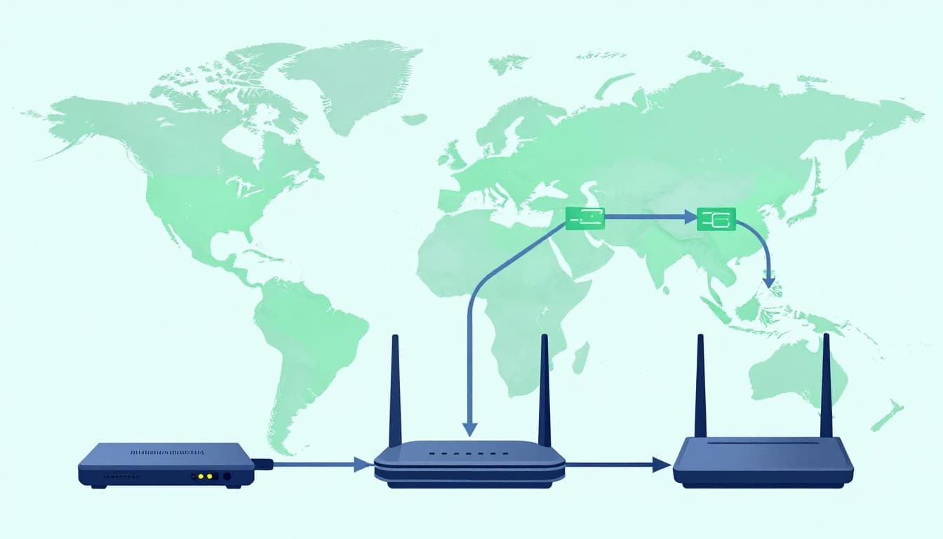 Simple vector network diagram illustrating data packets flowing from a home router to a PC and outgoing to global servers, in blue and green tones with faint world map background.