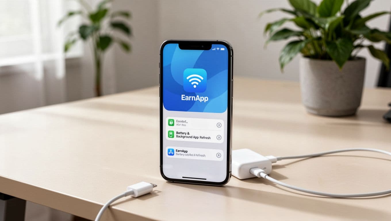 Photorealistic professional photo of a single iPhone on a light desk surface in a bright room with natural light and a simple plant background. The screen displays the EarnApp app open or selected in iOS battery and background refresh settings, plugged into a charger with a strong Wi-Fi symbol, no people or extra objects.