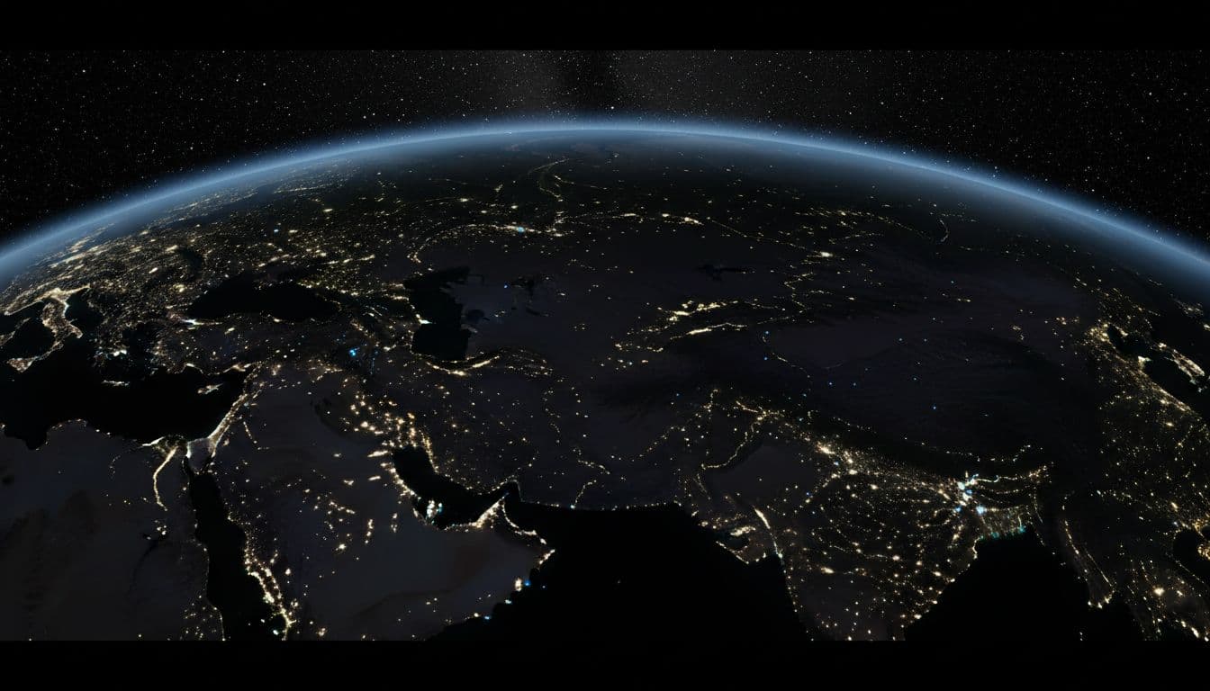 Realistic NASA-style satellite imagery of Iran at night, showing vast dark areas from internet blackout and faint blue Starlink dots in cities.
