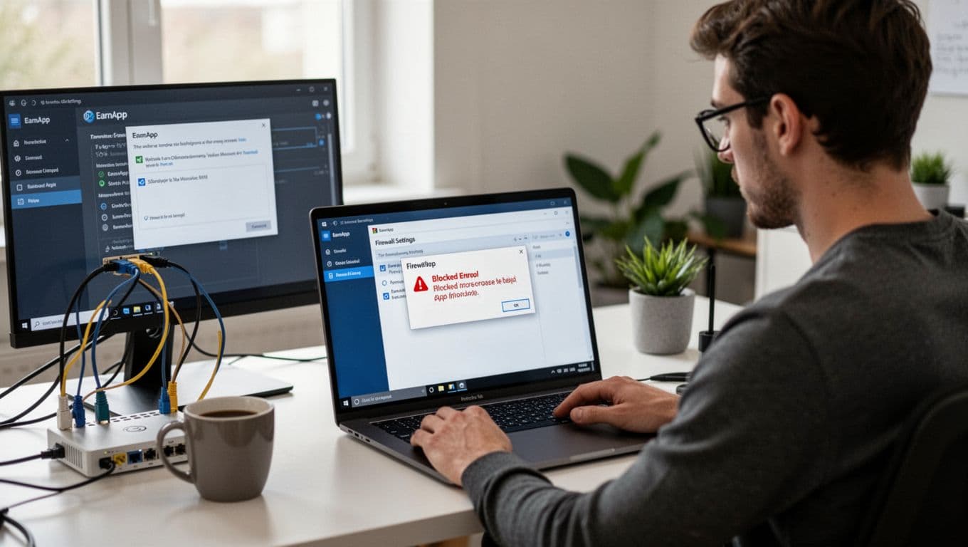 Photorealistic image of a focused IT support person at a modern home office desk, troubleshooting EarnApp software issues on a Windows laptop displaying firewall settings and a blocked app error popup.