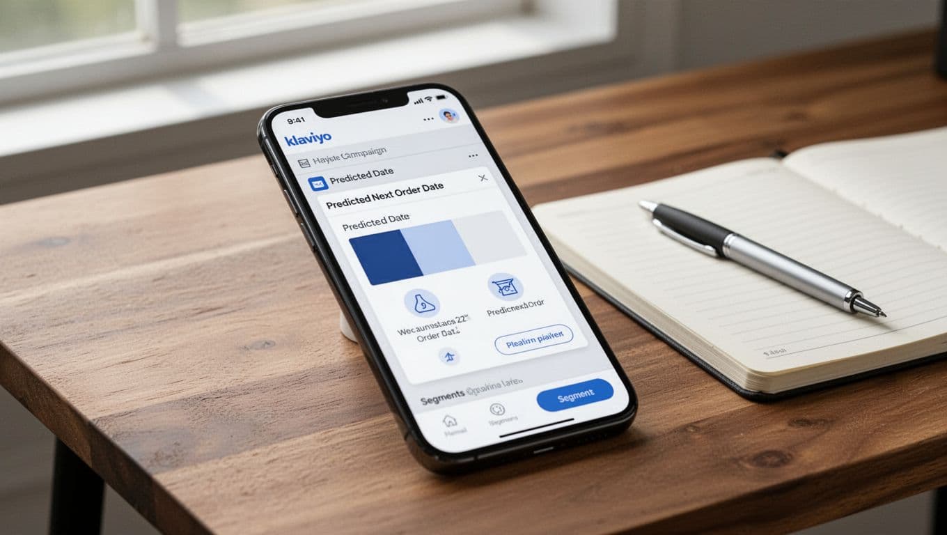 A mobile phone screen displays a Klaviyo-like email campaign editor with a highlighted segment based on predicted next order date, resting on a wooden desk beside a notebook and pen under soft natural light.