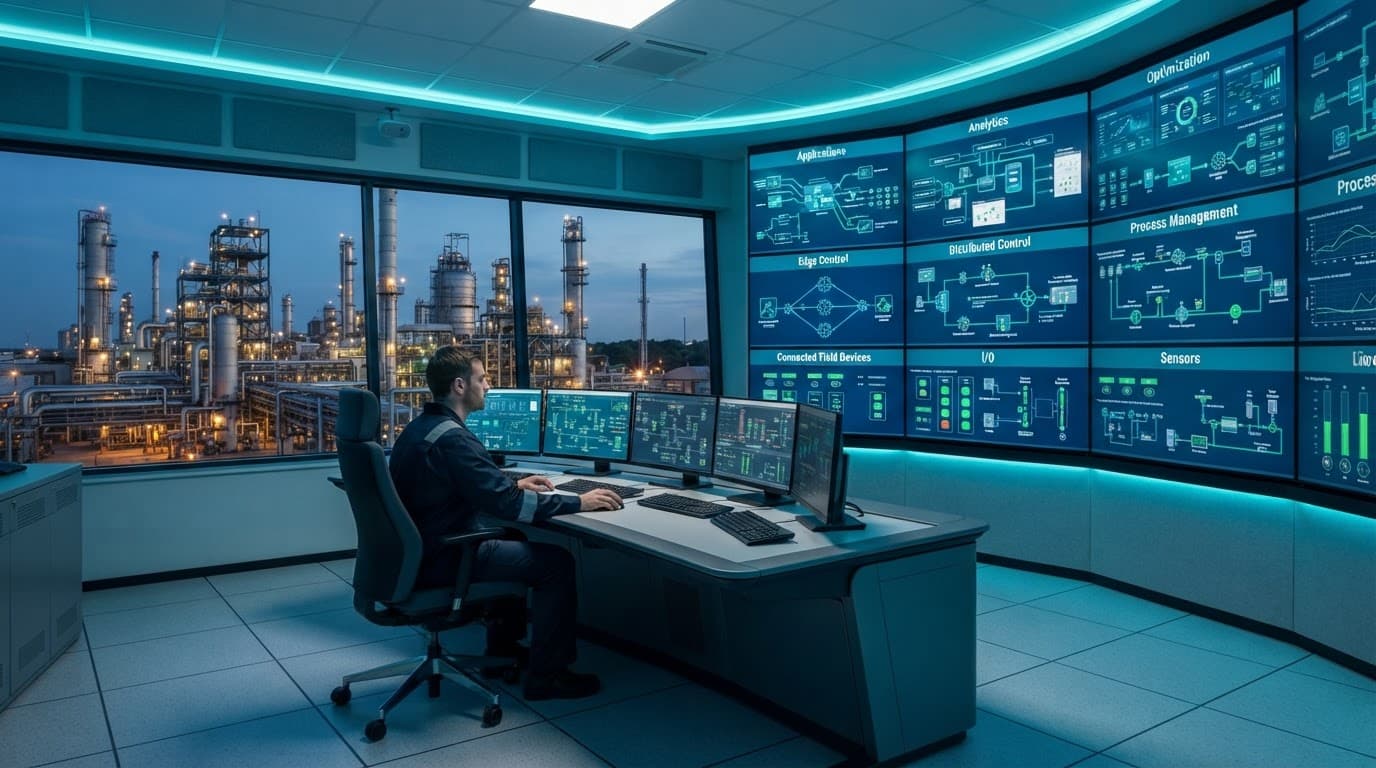 One operator monitors displays while plant equipment is visible through control room windows.