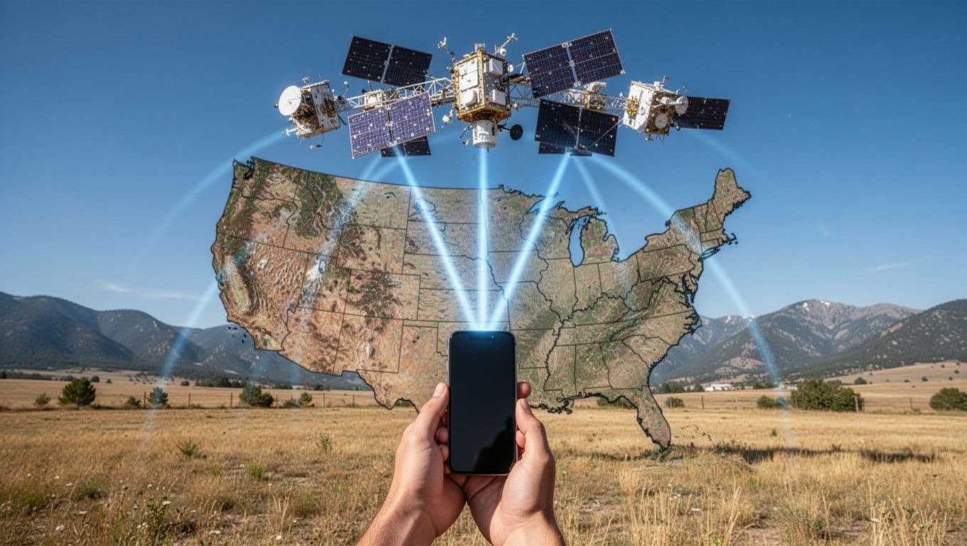 Realistic NASA-style image of low-Earth orbit satellites above the continental US beaming blue signals to a smartphone held naturally by one person in a remote rural field with mountains under a clear blue sky.