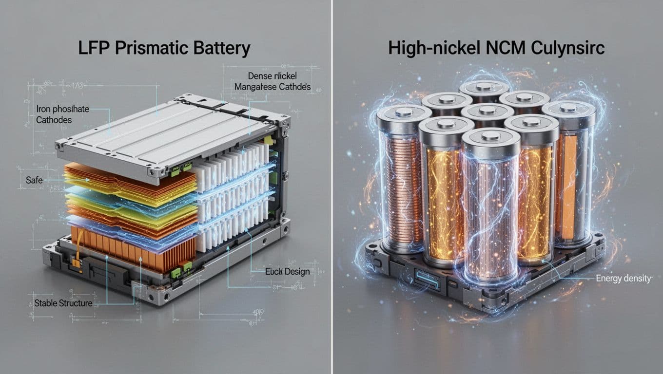 Detailed side-by-side cross-section of LFP prismatic battery with stable iron phosphate layers and high-nickel NCM cylindrical cells with dense nickel manganese cobalt electrodes, in technical blueprint style blended with realistic rendering.