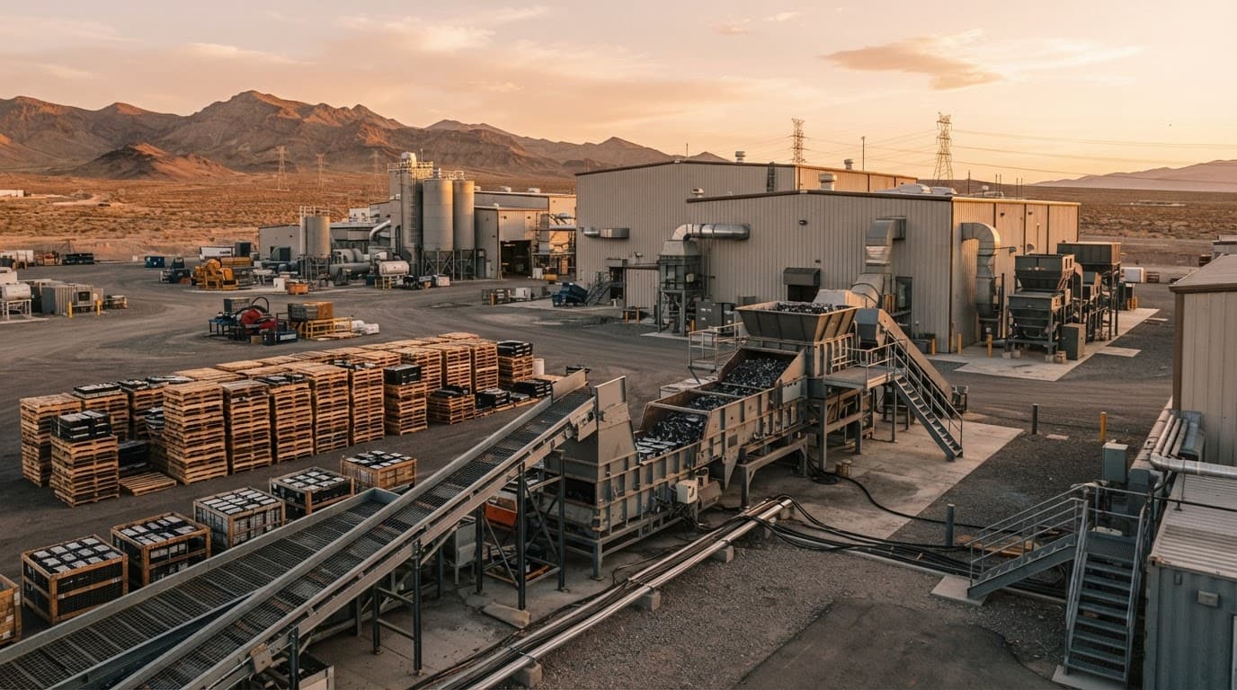 Battery recycling equipment and stacked modules at a desert facility during golden hour.