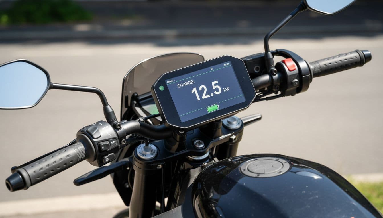 Closeup of the LiveWire S2 Alpinista motorcycle cockpit and handlebars, with center TFT display showing battery charge rate clearly readable in sunlight, Brembo brake lever, twist throttle, mode selector buttons, and ergonomic modern electric design.