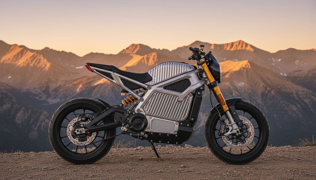 Profile side view of the LiveWire S2 Alpinista electric sport motorcycle parked at a scenic Colorado mountain overlook, showcasing its ribbed frame, low seat, Brembo brakes, Dunlop tires, Showa suspension, and belt drive under golden hour lighting.