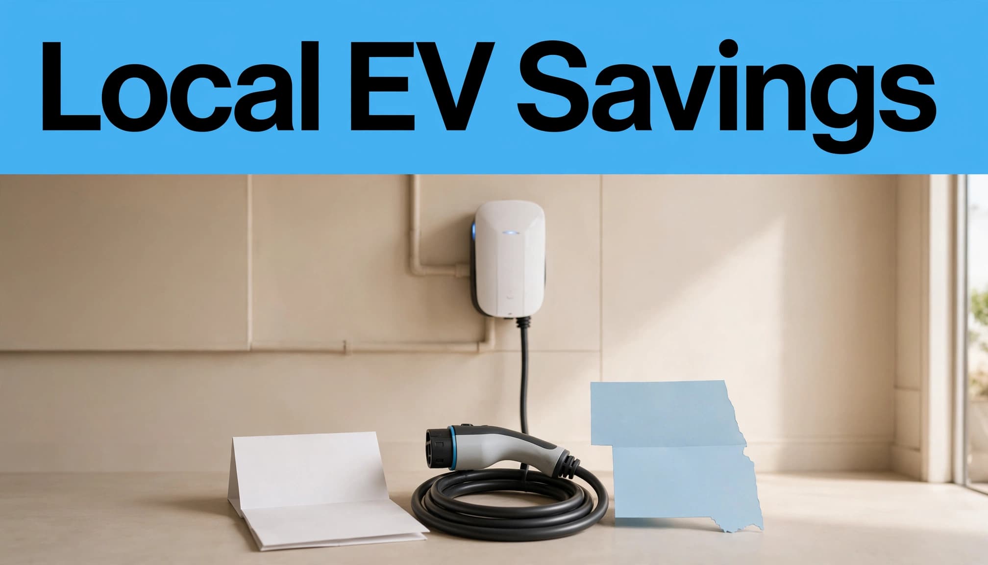 A home EV charging connector sits beside a utility bill and rebate document.