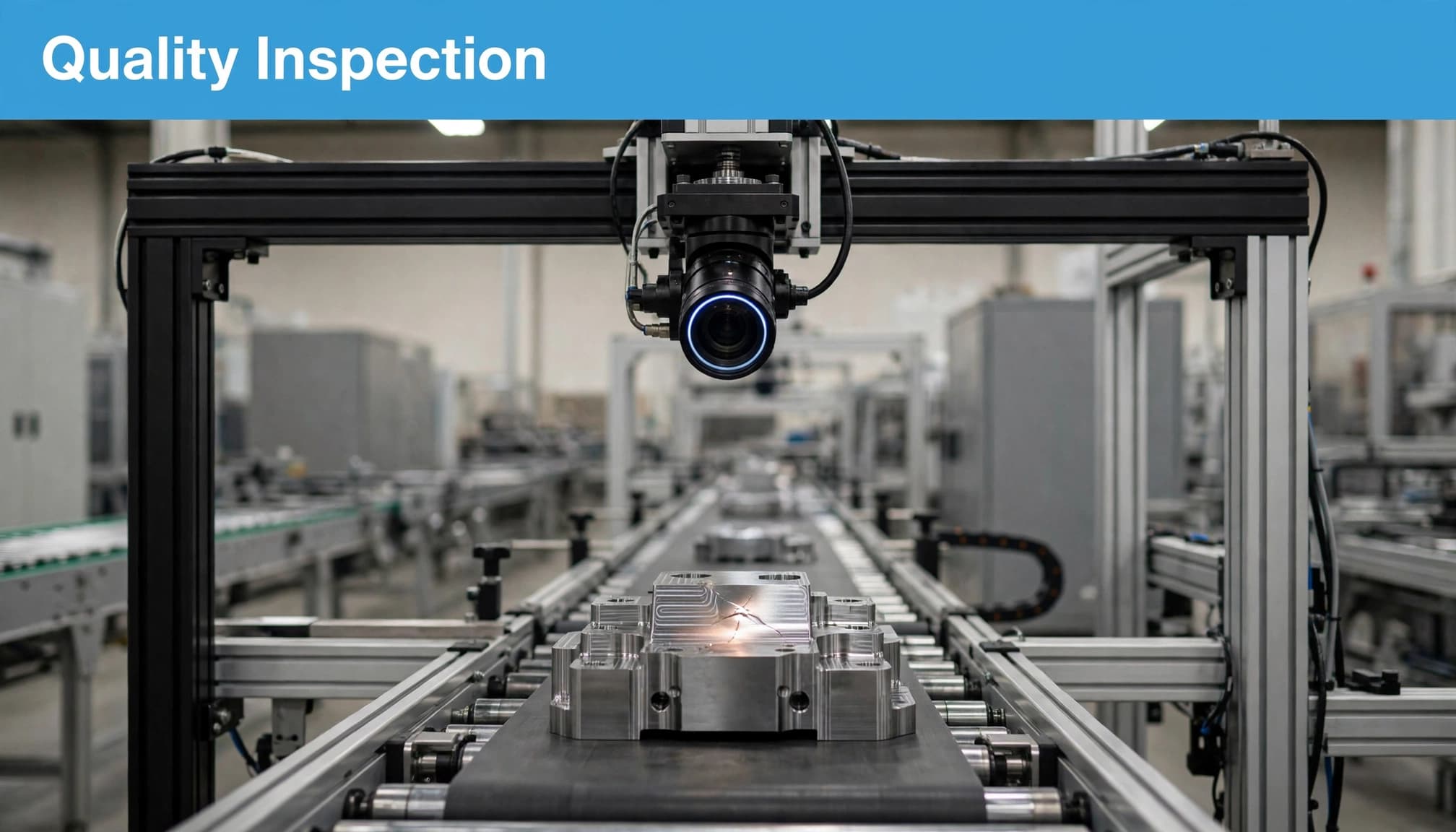 An overhead camera inspects a metal component moving along a factory conveyor.